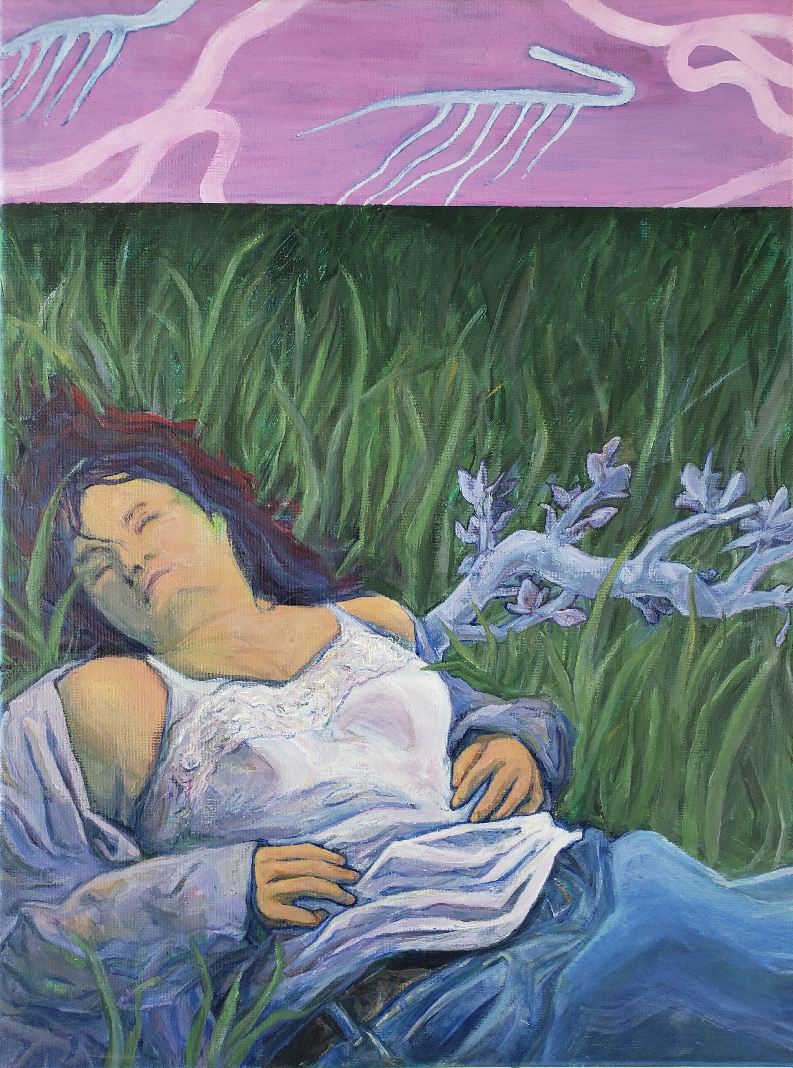 An intimate portrait of a female figure in the grass. Her jacket falls loosely off her shoulders, her tanktop is white lace. She's wearing jeans. Her hair is red and lost to the grass. In a light purple, crystalline rendering the branch of a callery pear tree sits right of her. The top strip of the composition is a pink rectangle with biological abstractions of pink, intestinal coils and blue multi-legged spirits. Takes inspiration from a Sam Sax poem 'To My Niblings' as an appreciation of sexuality as normal and meaningful.