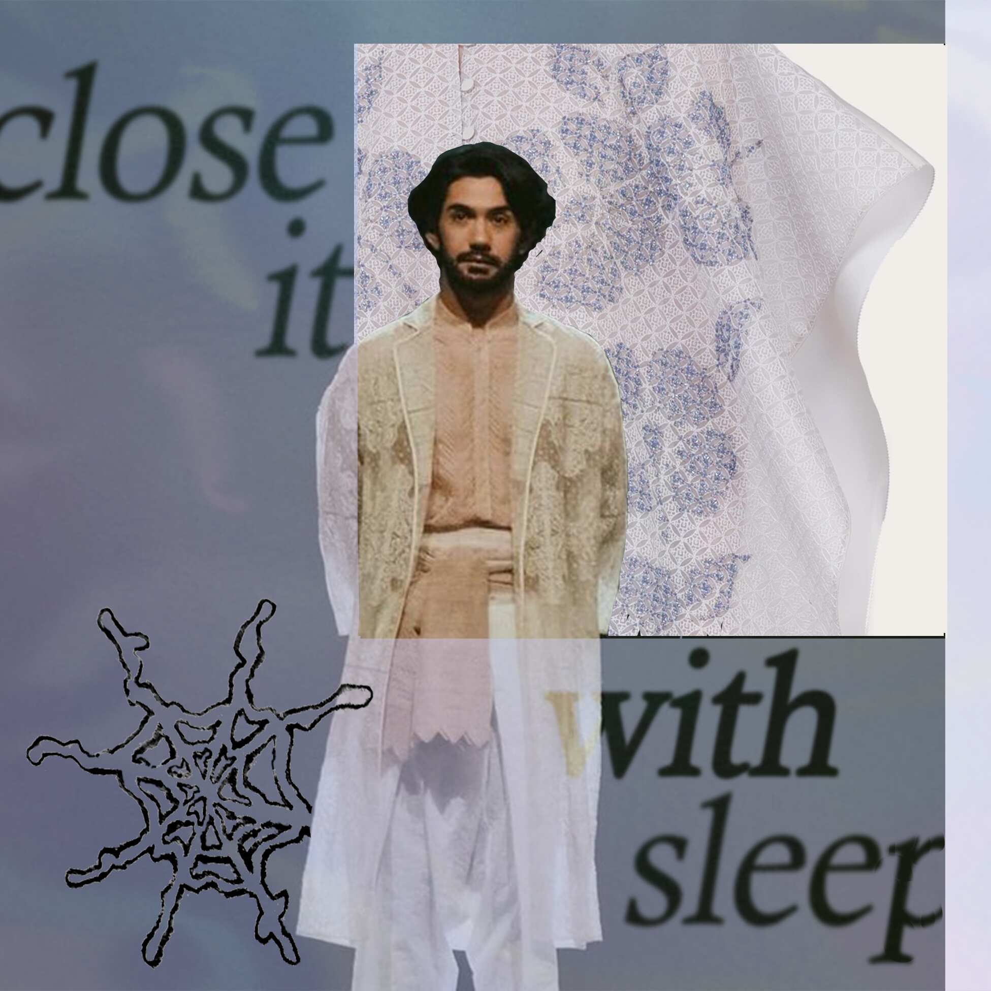 Reza Rahadin models Sapto Djojokartiko on the runway. There's a box which takes up most of the upper right intersecting partially with Rahadin, which reveals another piece of Djojokartiko's collection. Where Rahadin's figure overlaps with the square the lighting clarifies from the holographic overlay. The words 'close it with sleep stretch arc from the top left to the bottom right also in a cutout of this overlay. A spiderweb logo is in the bottom left corner.