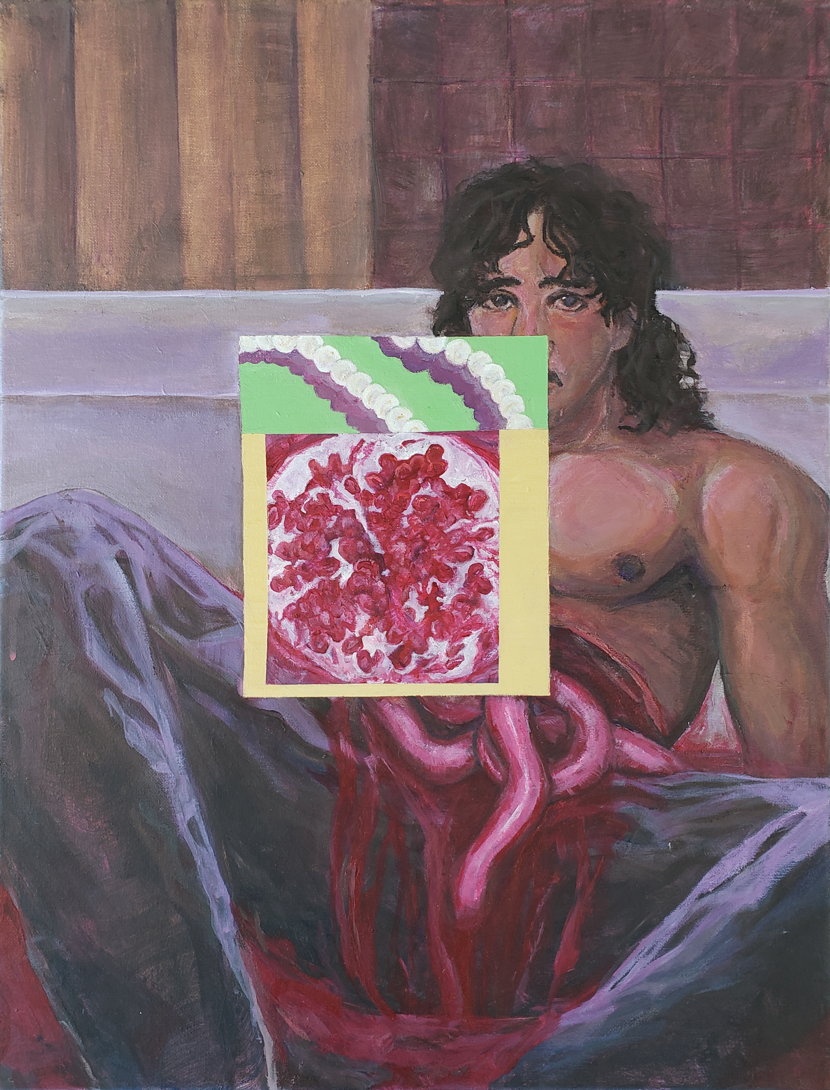 An intimate portrait of a masculine figure lying partially on his elbows but mostly against a bathtub as he bleeds out from disembowelment. His intestines fall from his stomach, the blood pours over his crotch and pools on the floor. He looks directly at the viewer with wet eyes. Just over the the wound a border of light yellow envelopes a square image of a pomegranate. Above this is a tasbih on a green background. The background tiles are dirty. About how pain and sacrifice is intertwined with desire.